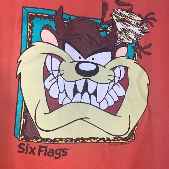 Vintage 90’s Orange Six Flags Theme Parks Graphic Tasmanian Devil T-Shirt Small - Picture 9 of 12